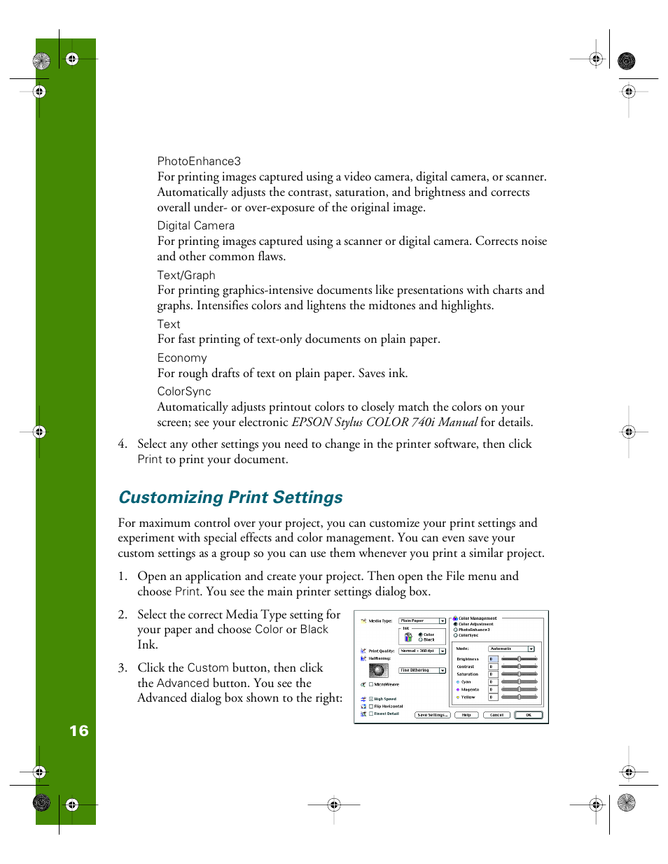 Customizing print settings | Epson 740i User Manual | Page 22 / 69