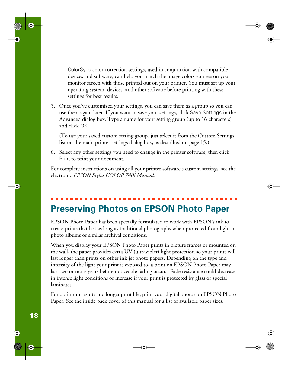 Preserving photos on epson photo paper | Epson 740i User Manual | Page 24 / 69