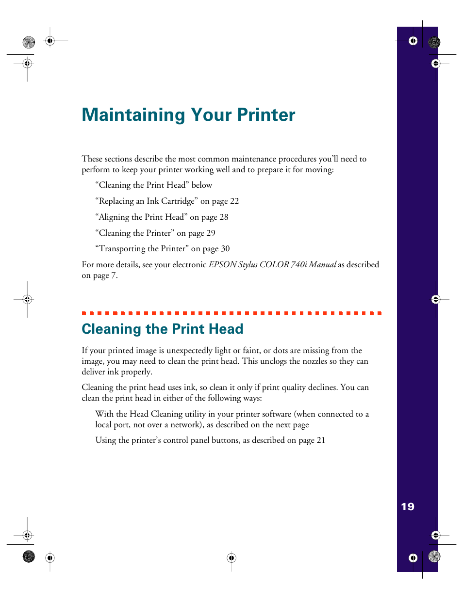Maintaining your printer, Cleaning the print head | Epson 740i User Manual | Page 25 / 69