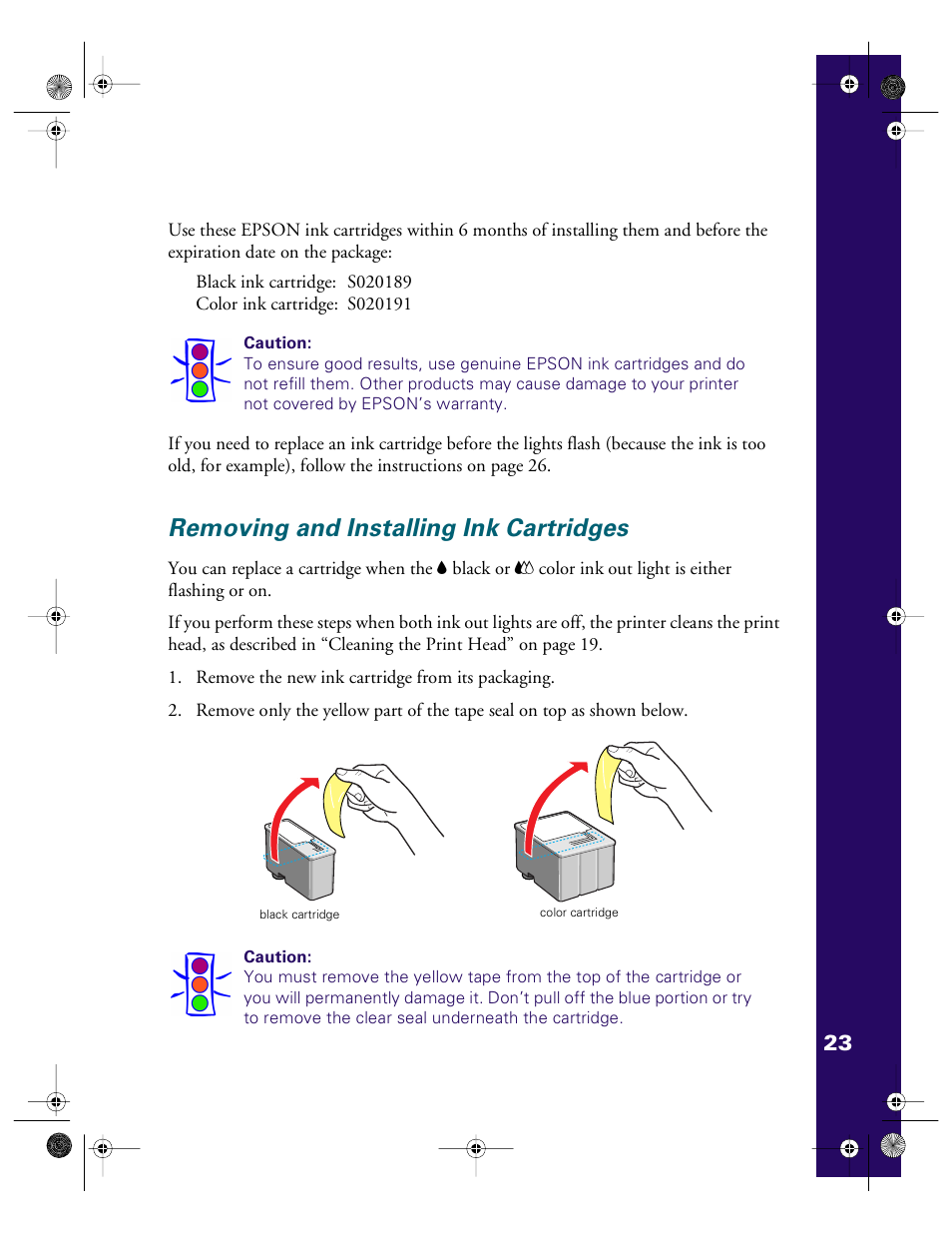 Removing and installing ink cartridges | Epson 740i User Manual | Page 29 / 69