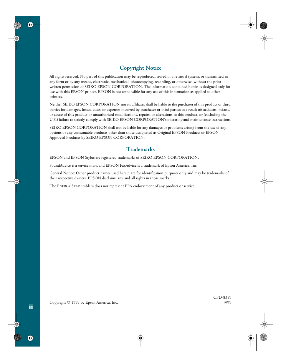 Copyright notice, Trademarks | Epson 740i User Manual | Page 3 / 69