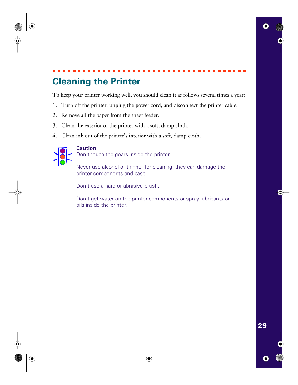 Cleaning the printer | Epson 740i User Manual | Page 35 / 69