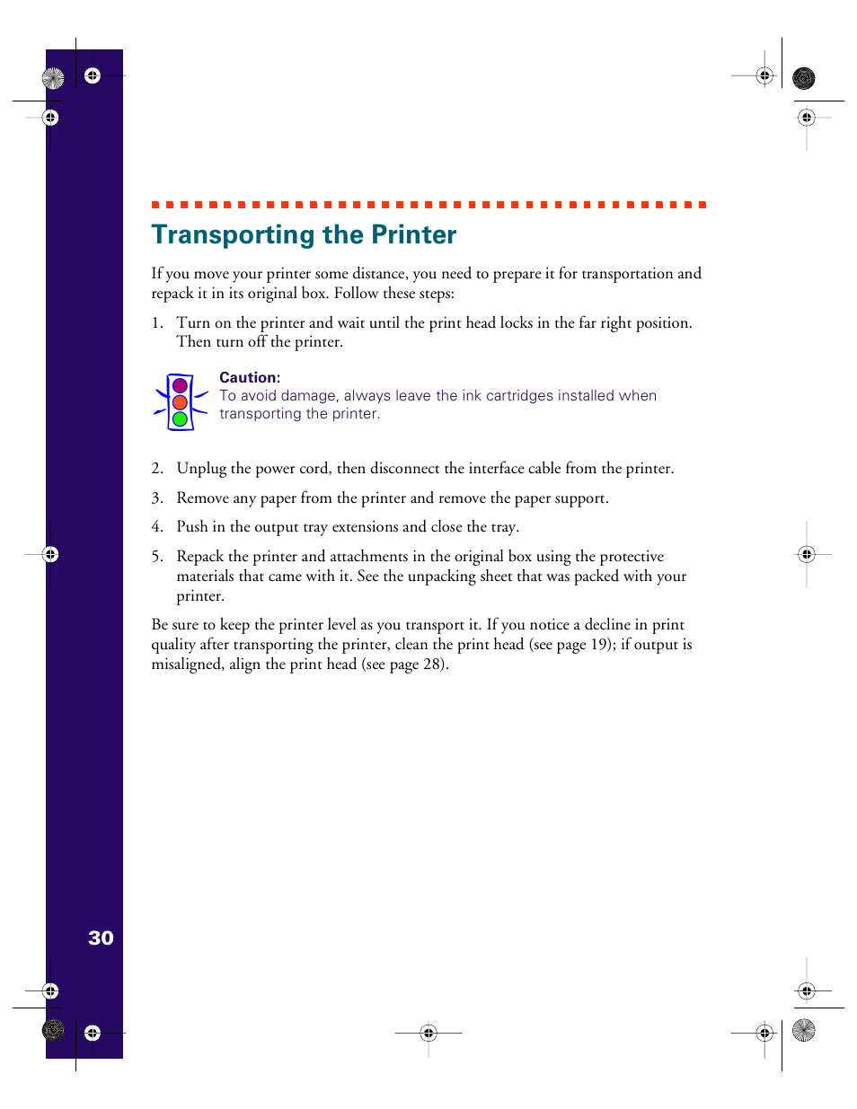 Transporting the printer | Epson 740i User Manual | Page 36 / 69