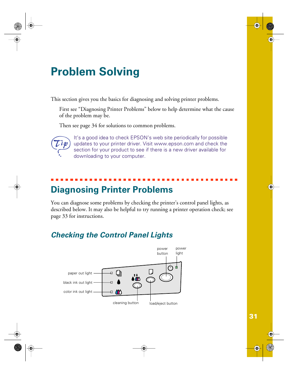 Problem solving, Diagnosing printer problems, Checking the control panel lights | Epson 740i User Manual | Page 37 / 69