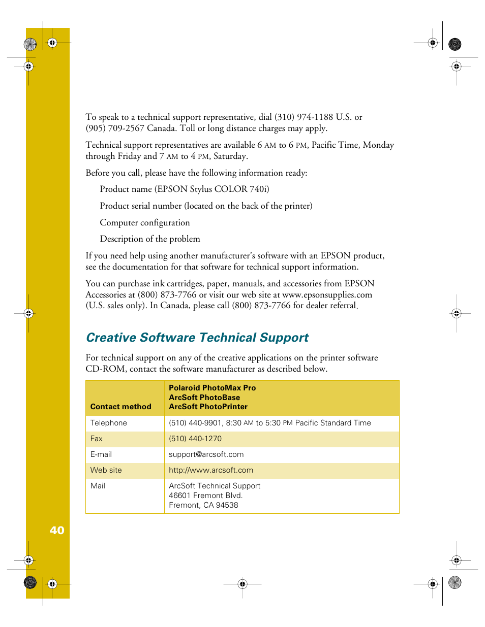 Creative software technical support | Epson 740i User Manual | Page 46 / 69