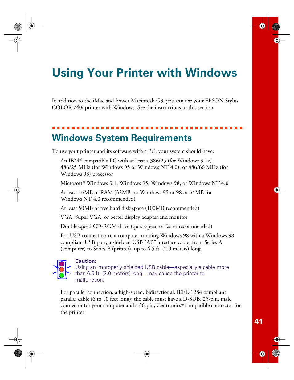 Using your printer with windows, Windows system requirements | Epson 740i User Manual | Page 47 / 69