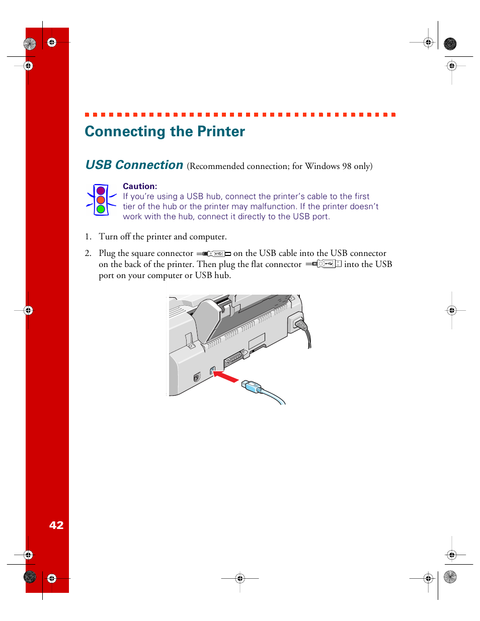 Connecting the printer, Usb connection | Epson 740i User Manual | Page 48 / 69