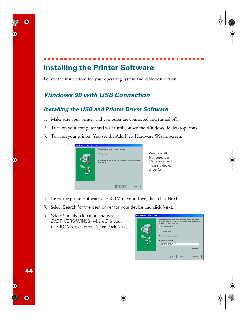 Installing the printer software, Windows 98 with usb connection | Epson 740i User Manual | Page 50 / 69