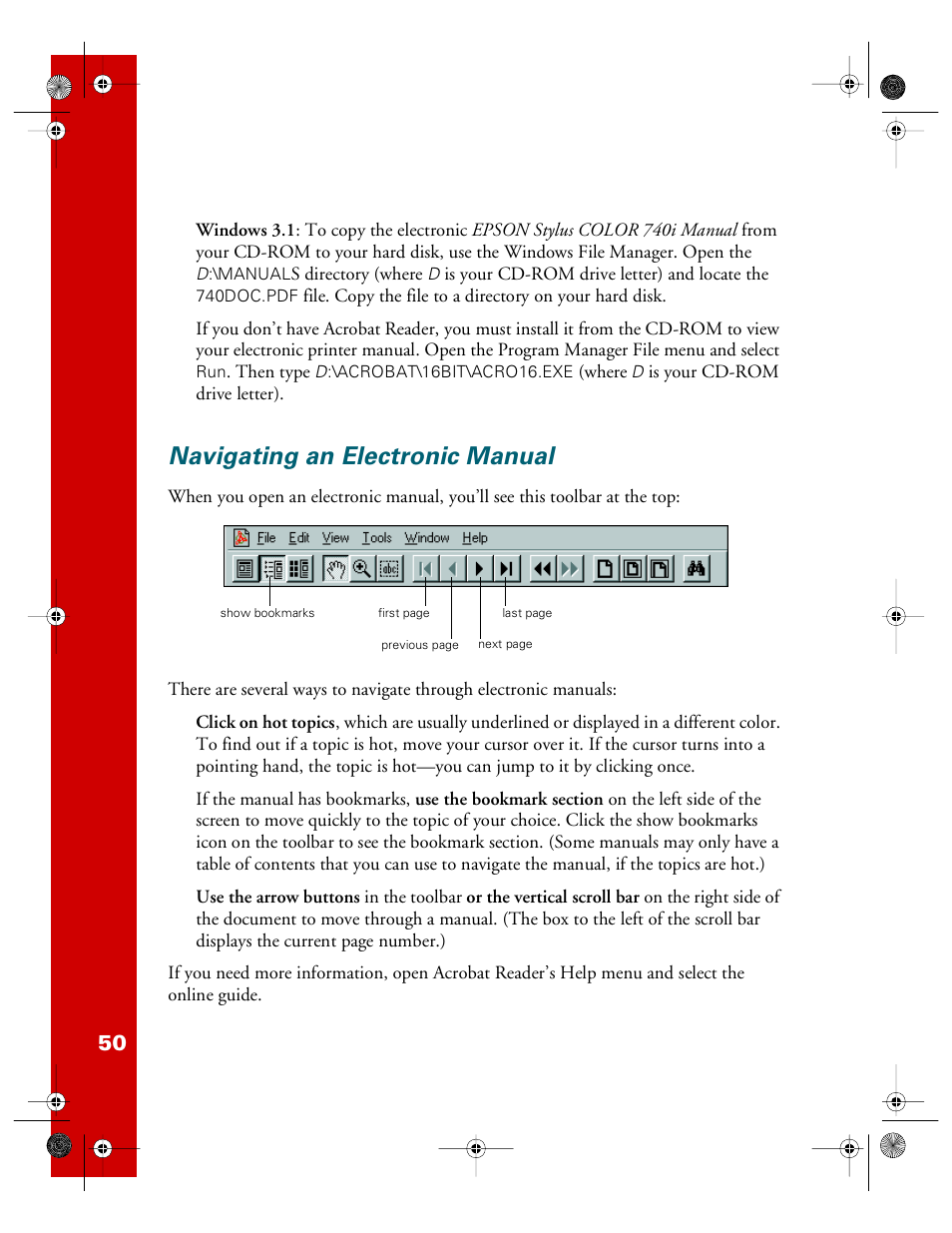 Navigating an electronic manual | Epson 740i User Manual | Page 56 / 69