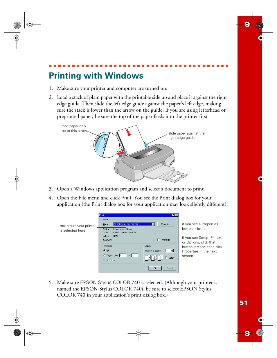 Printing with windows | Epson 740i User Manual | Page 57 / 69