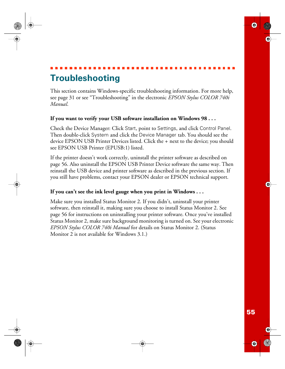 Troubleshooting | Epson 740i User Manual | Page 61 / 69
