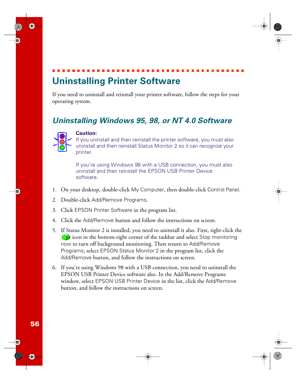 Uninstalling printer software, Uninstalling windows 95, 98, or nt 4.0 software | Epson 740i User Manual | Page 62 / 69