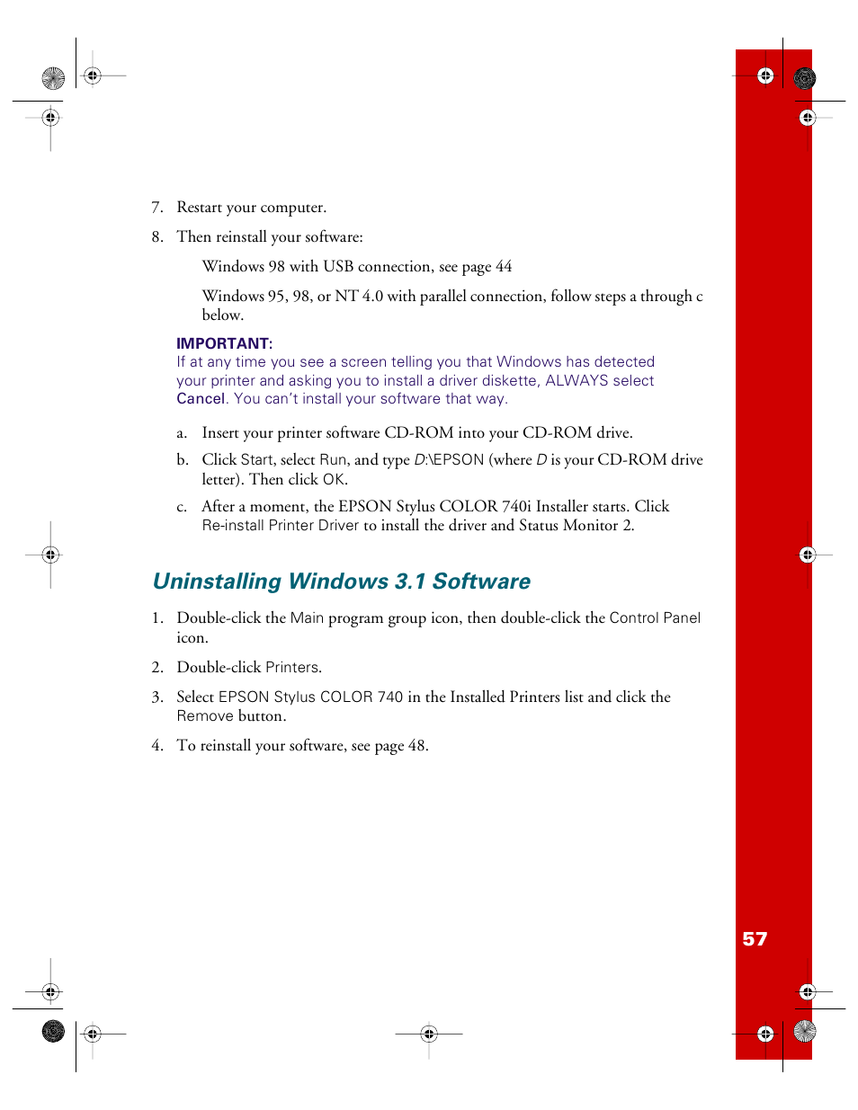 Uninstalling windows 3.1 software | Epson 740i User Manual | Page 63 / 69