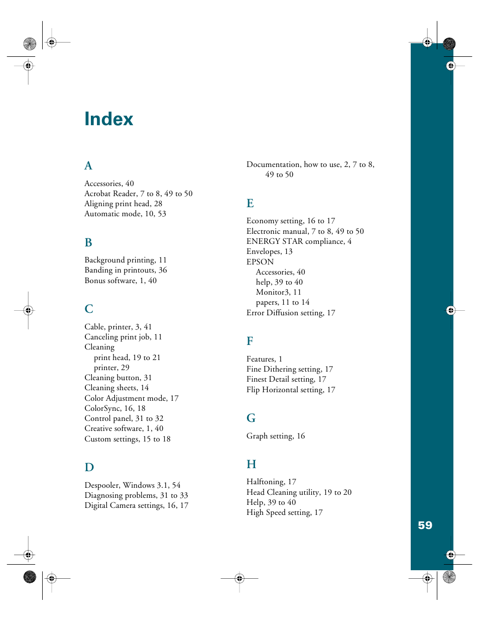 Index | Epson 740i User Manual | Page 65 / 69