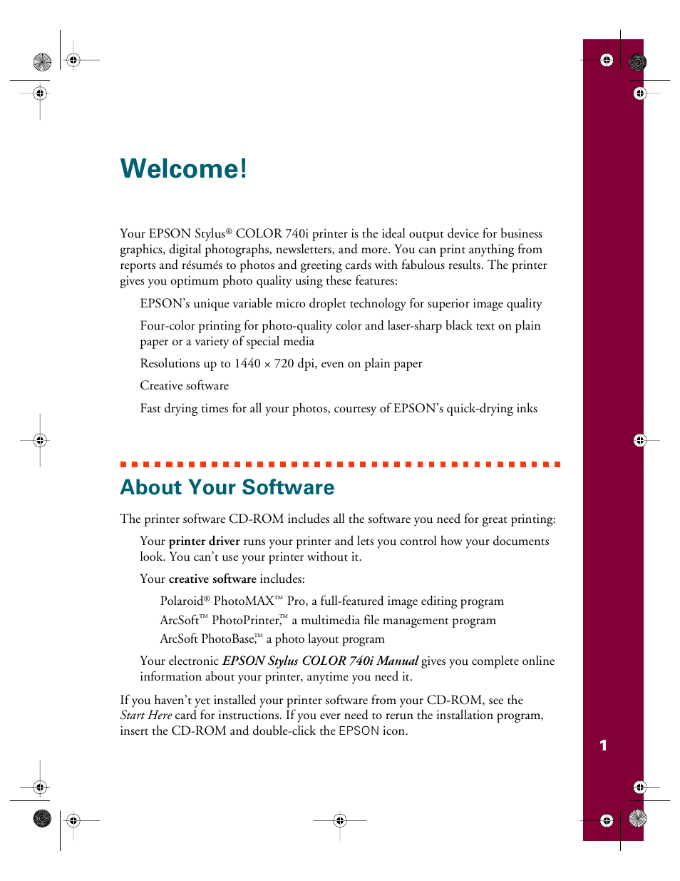 Welcome, About your software | Epson 740i User Manual | Page 7 / 69