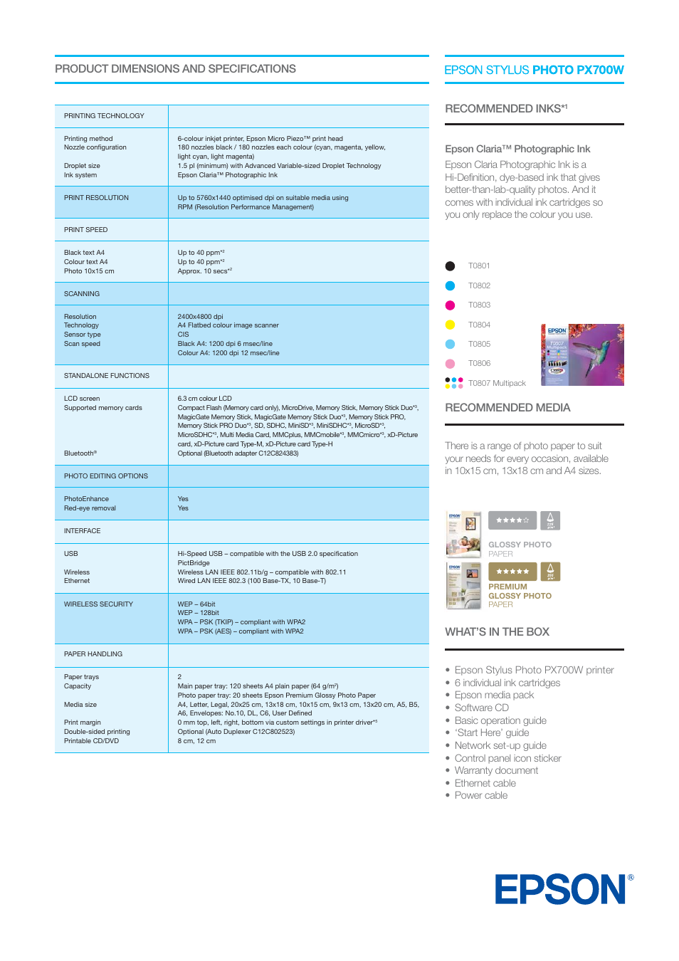 Product dimensions and specifications, Recommended media, Recommended inks | What’s in the box | Epson Photo PX700W User Manual | Page 2 / 3