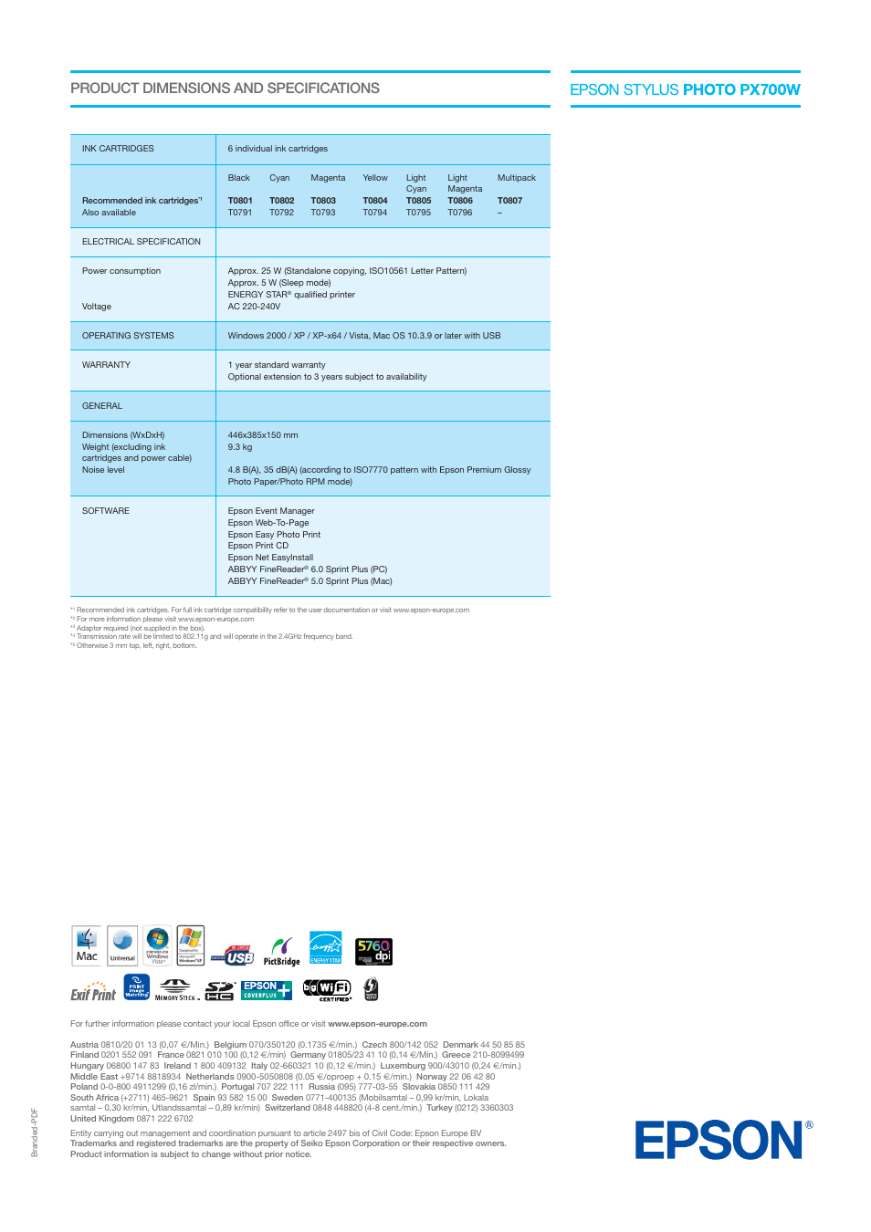 Product dimensions and specifications | Epson Photo PX700W User Manual | Page 3 / 3