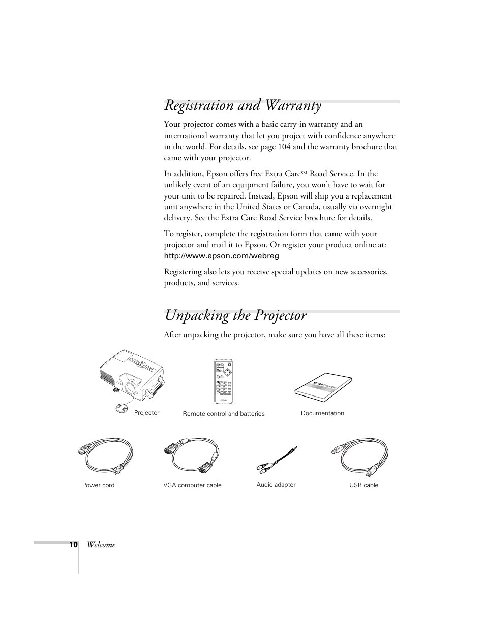 Registration and warranty, Unpacking the projector, Registration and warranty unpacking the projector | Epson 821p User Manual | Page 10 / 112