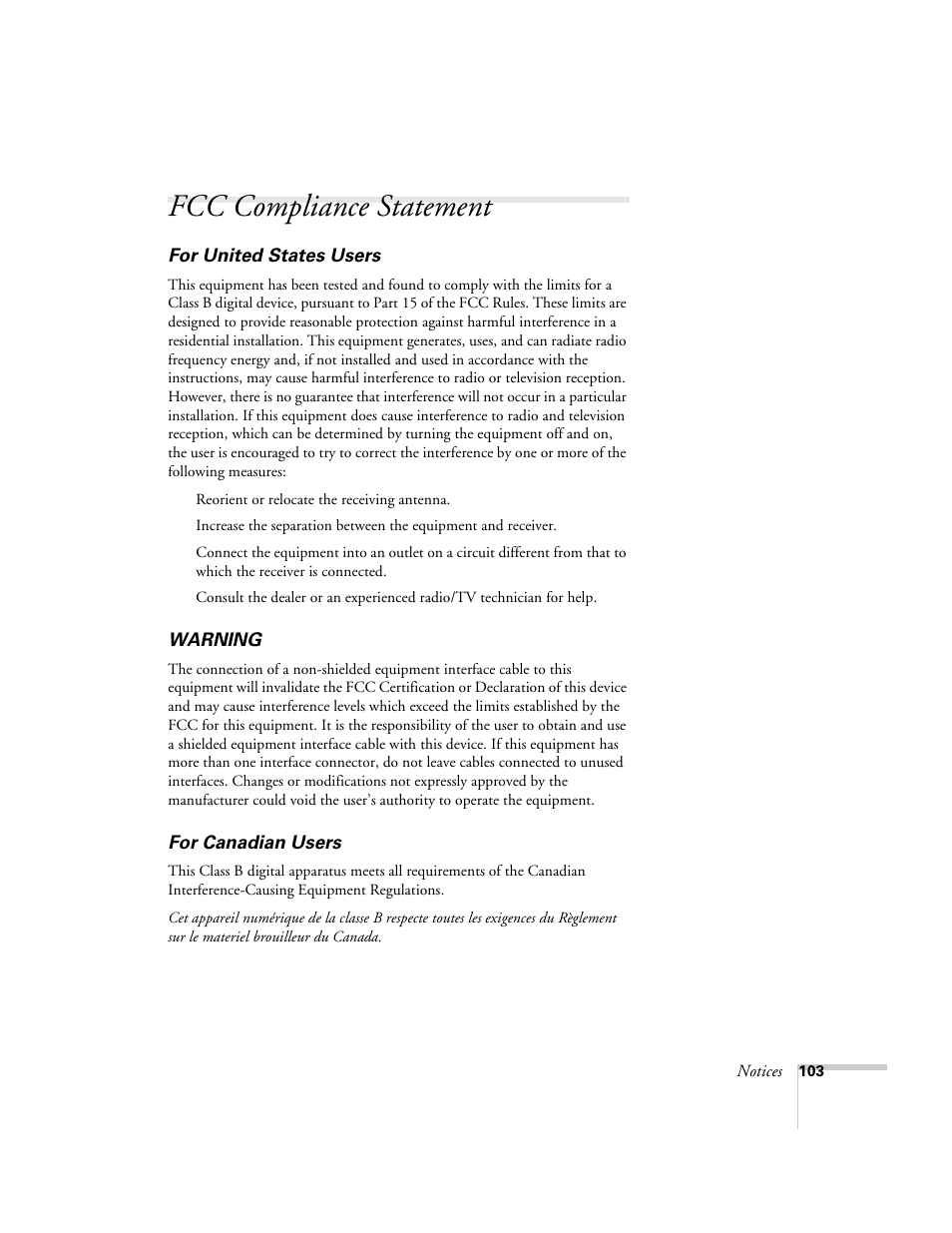 Fcc compliance statement | Epson 821p User Manual | Page 103 / 112