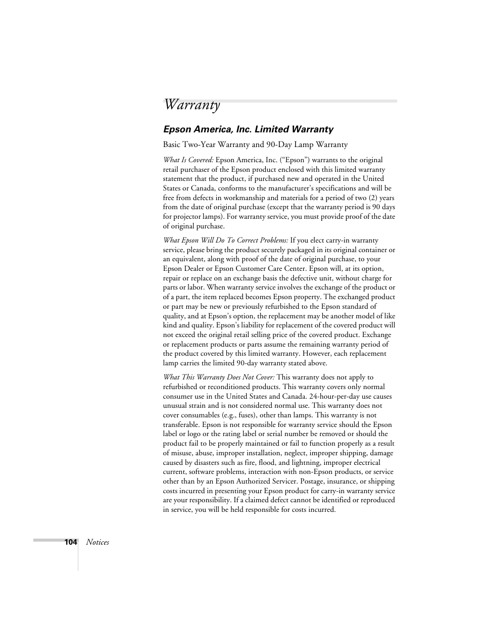 Warranty | Epson 821p User Manual | Page 104 / 112