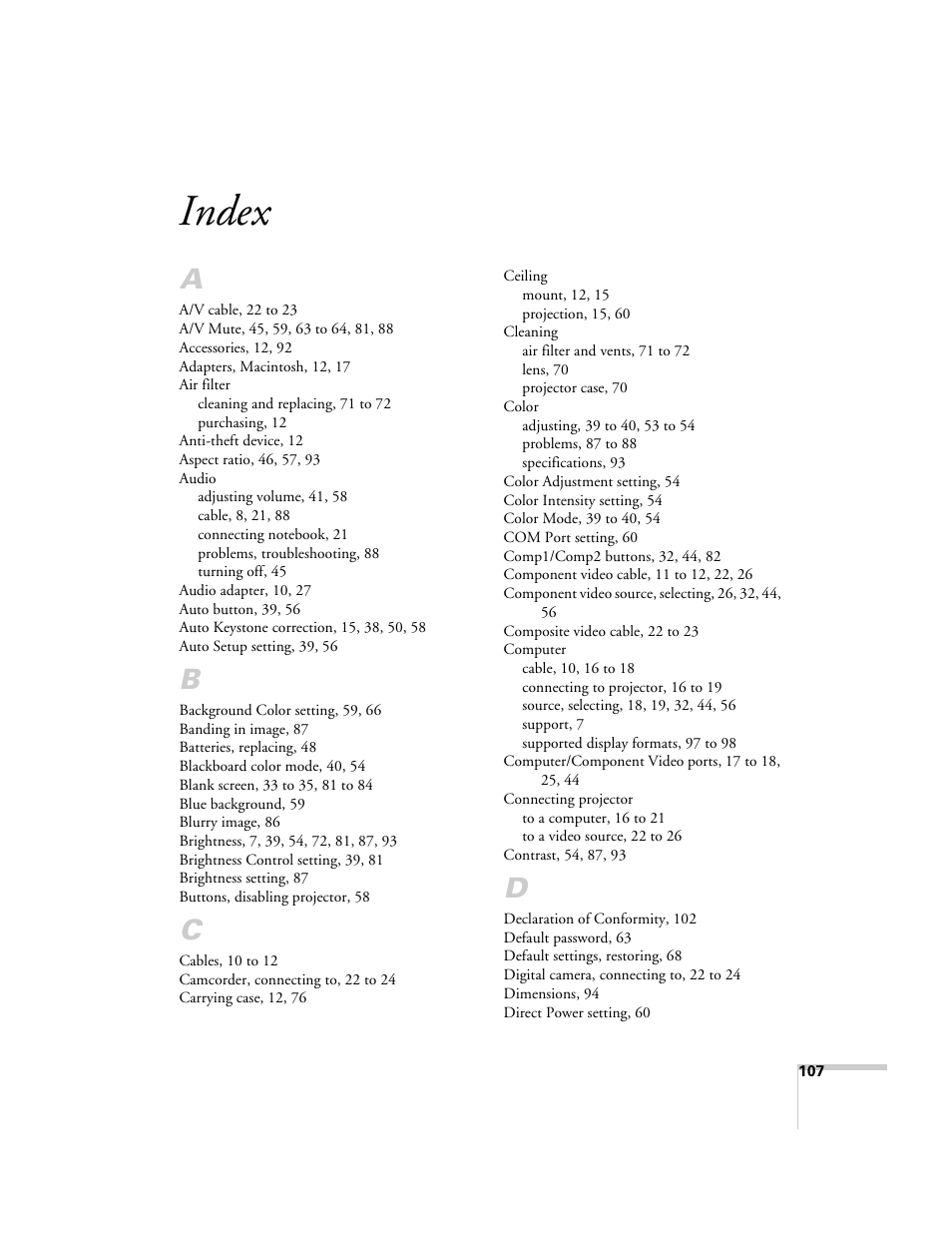 Index | Epson 821p User Manual | Page 107 / 112