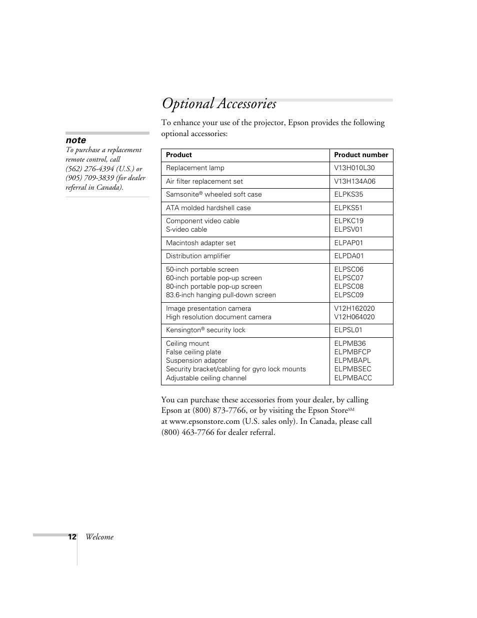 Optional accessories | Epson 821p User Manual | Page 12 / 112