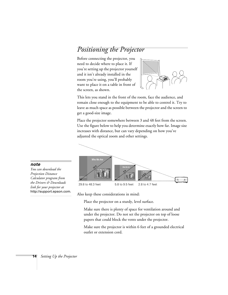 Positioning the projector | Epson 821p User Manual | Page 14 / 112