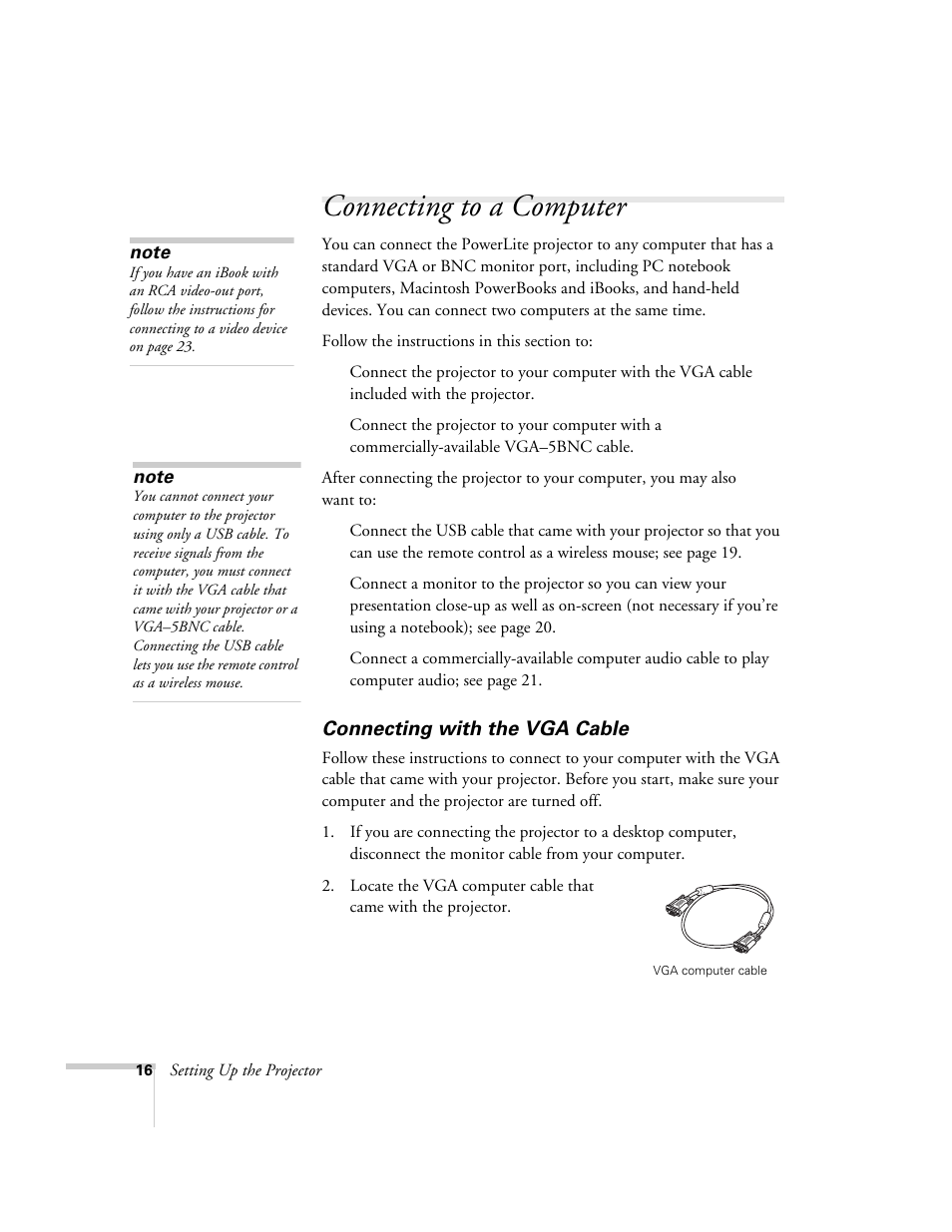 Connecting to a computer, Connecting with the vga cable | Epson 821p User Manual | Page 16 / 112
