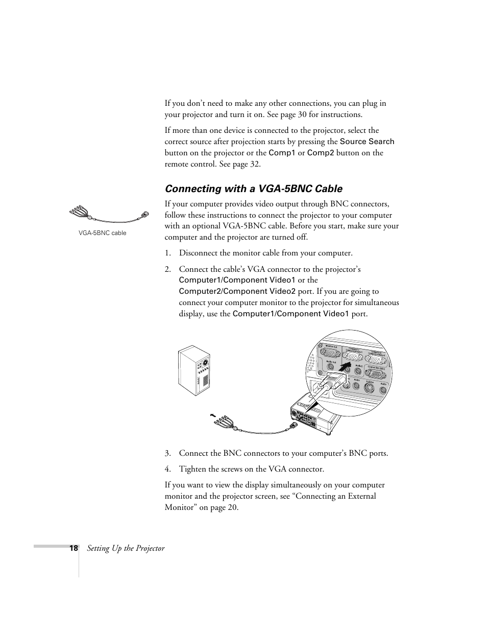 Connecting with a vga-5bnc cable | Epson 821p User Manual | Page 18 / 112
