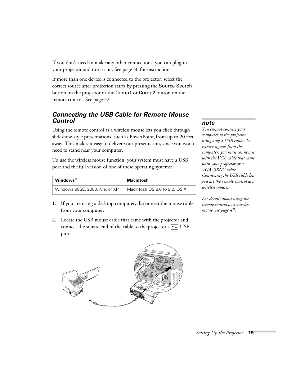 Connecting the usb cable for remote mouse control, Connecting the usb cable for, Remote mouse control | Epson 821p User Manual | Page 19 / 112