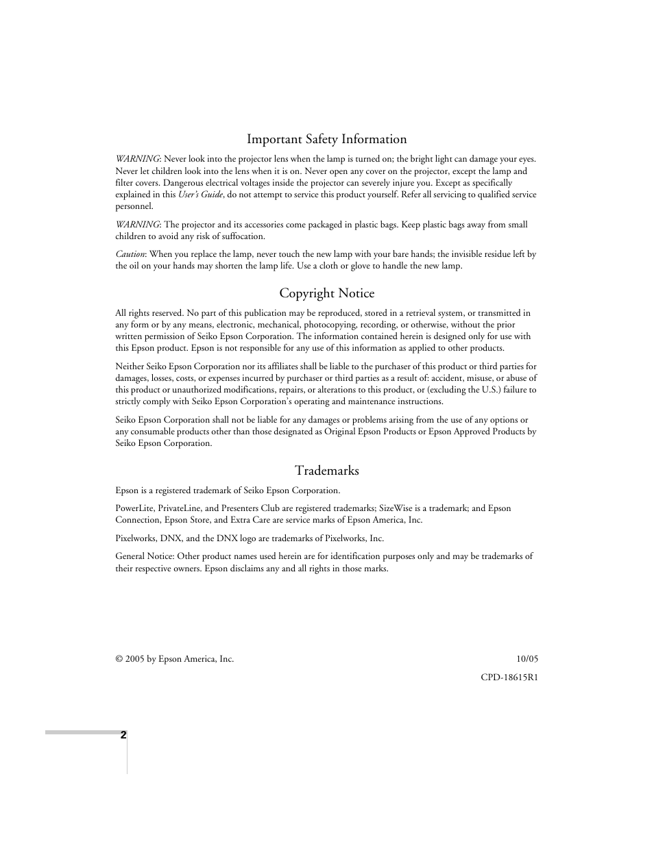 Important safety information, Copyright notice, Trademarks | Epson 821p User Manual | Page 2 / 112