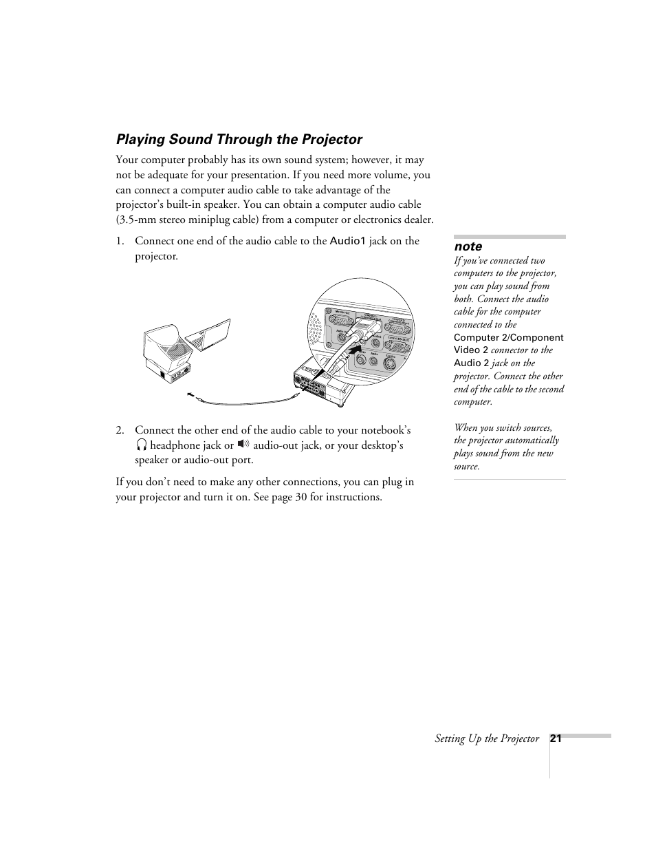 Playing sound through the projector | Epson 821p User Manual | Page 21 / 112