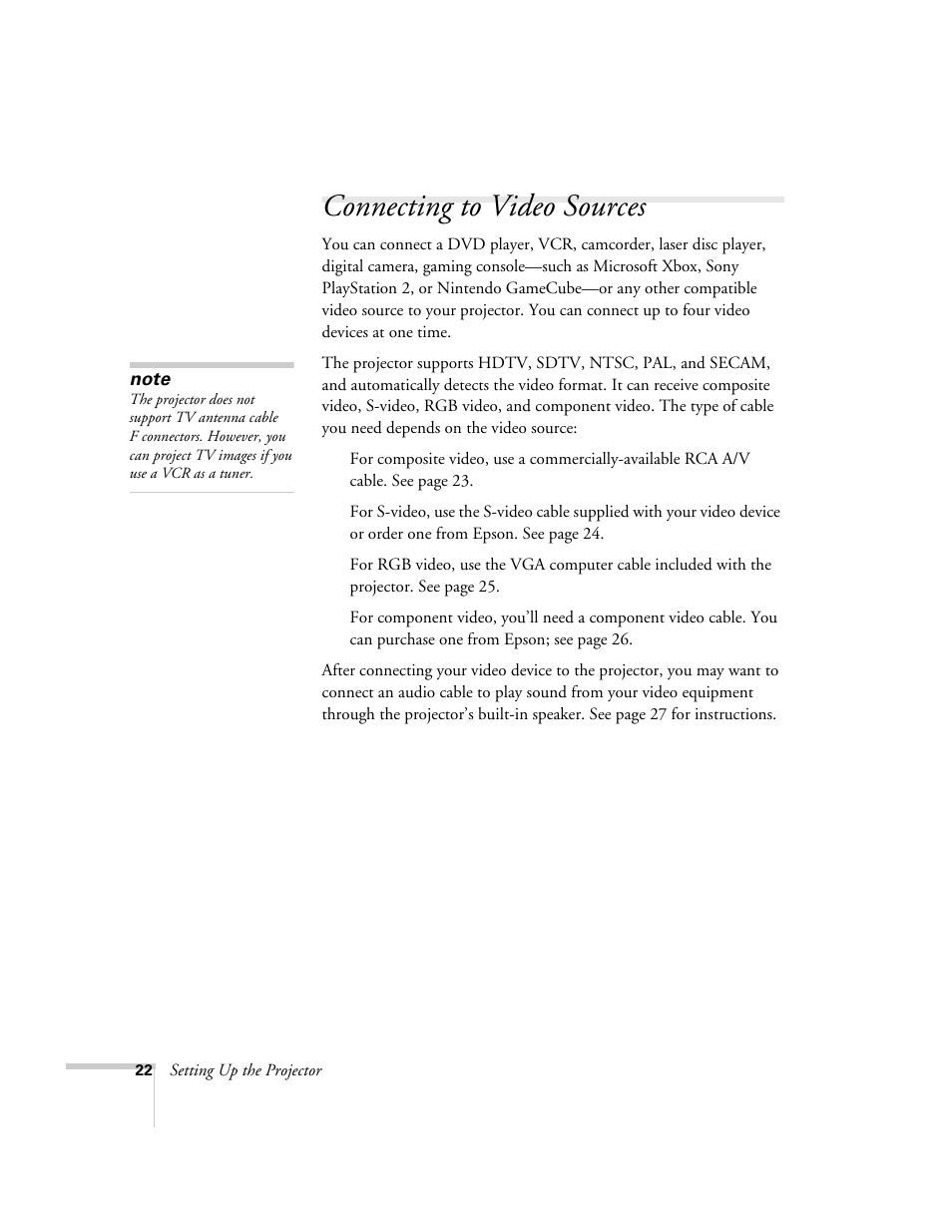 Connecting to video sources | Epson 821p User Manual | Page 22 / 112