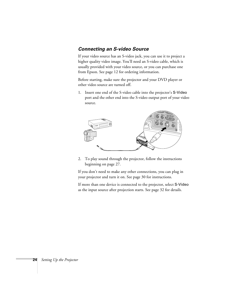 Connecting an s-video source | Epson 821p User Manual | Page 24 / 112
