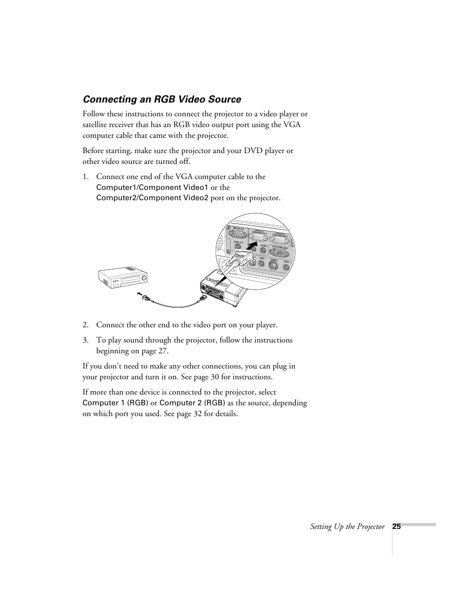 Connecting an rgb video source | Epson 821p User Manual | Page 25 / 112