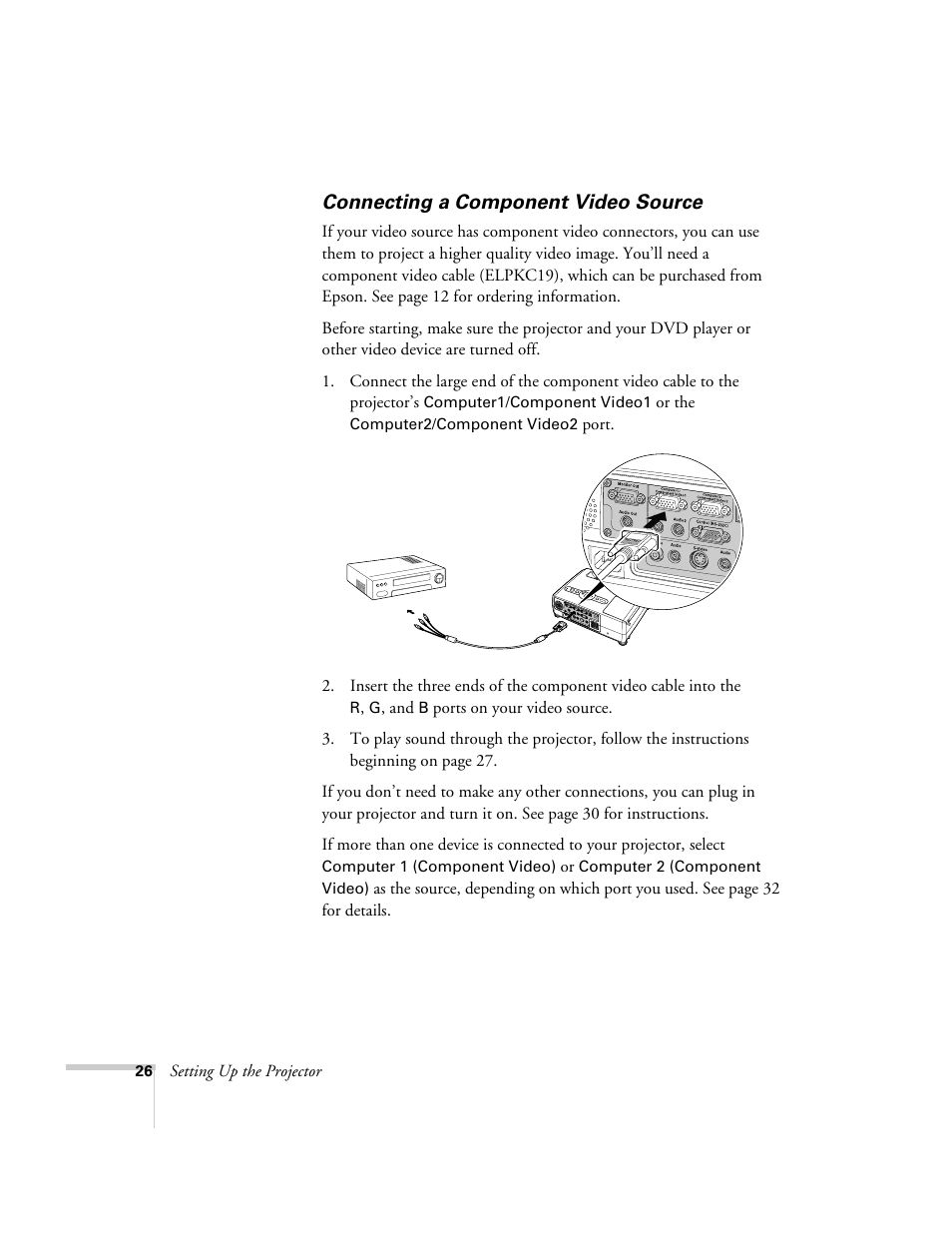 Connecting a component video source | Epson 821p User Manual | Page 26 / 112