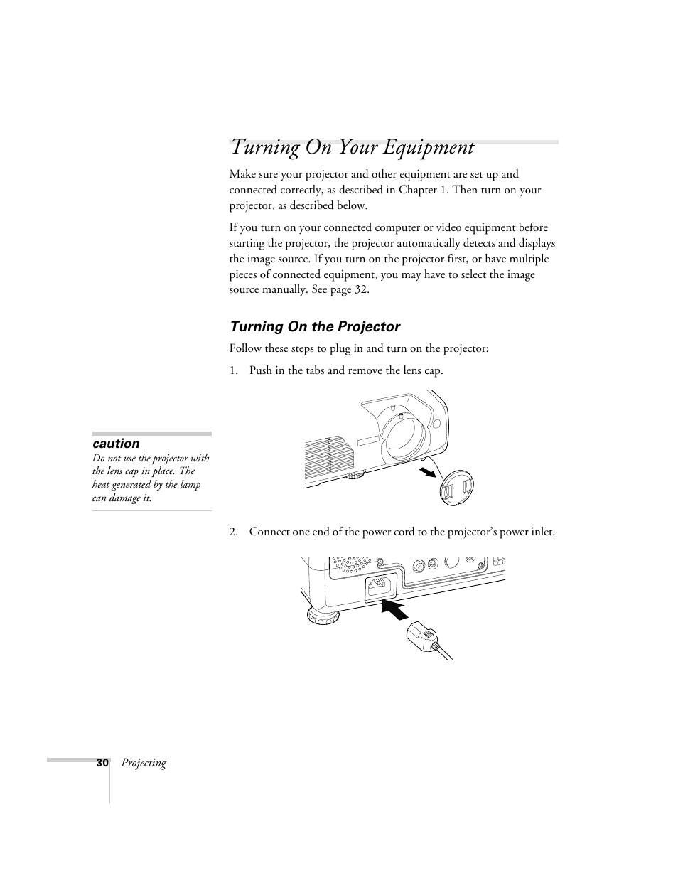 Turning on your equipment, Turning on the projector | Epson 821p User Manual | Page 30 / 112