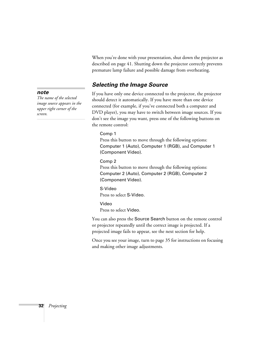 Selecting the image source | Epson 821p User Manual | Page 32 / 112