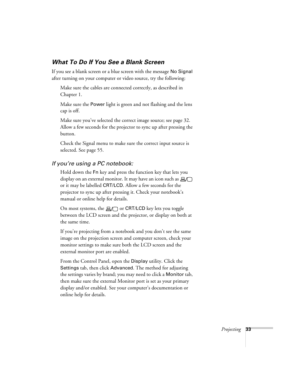 What to do if you see a blank screen, Button, see “what | Epson 821p User Manual | Page 33 / 112