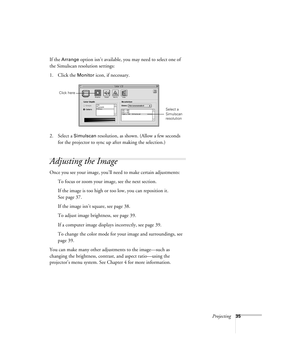 Adjusting the image | Epson 821p User Manual | Page 35 / 112