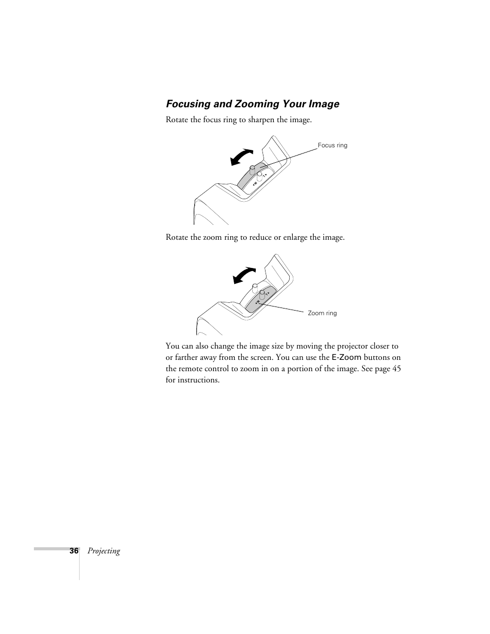 Focusing and zooming your image | Epson 821p User Manual | Page 36 / 112