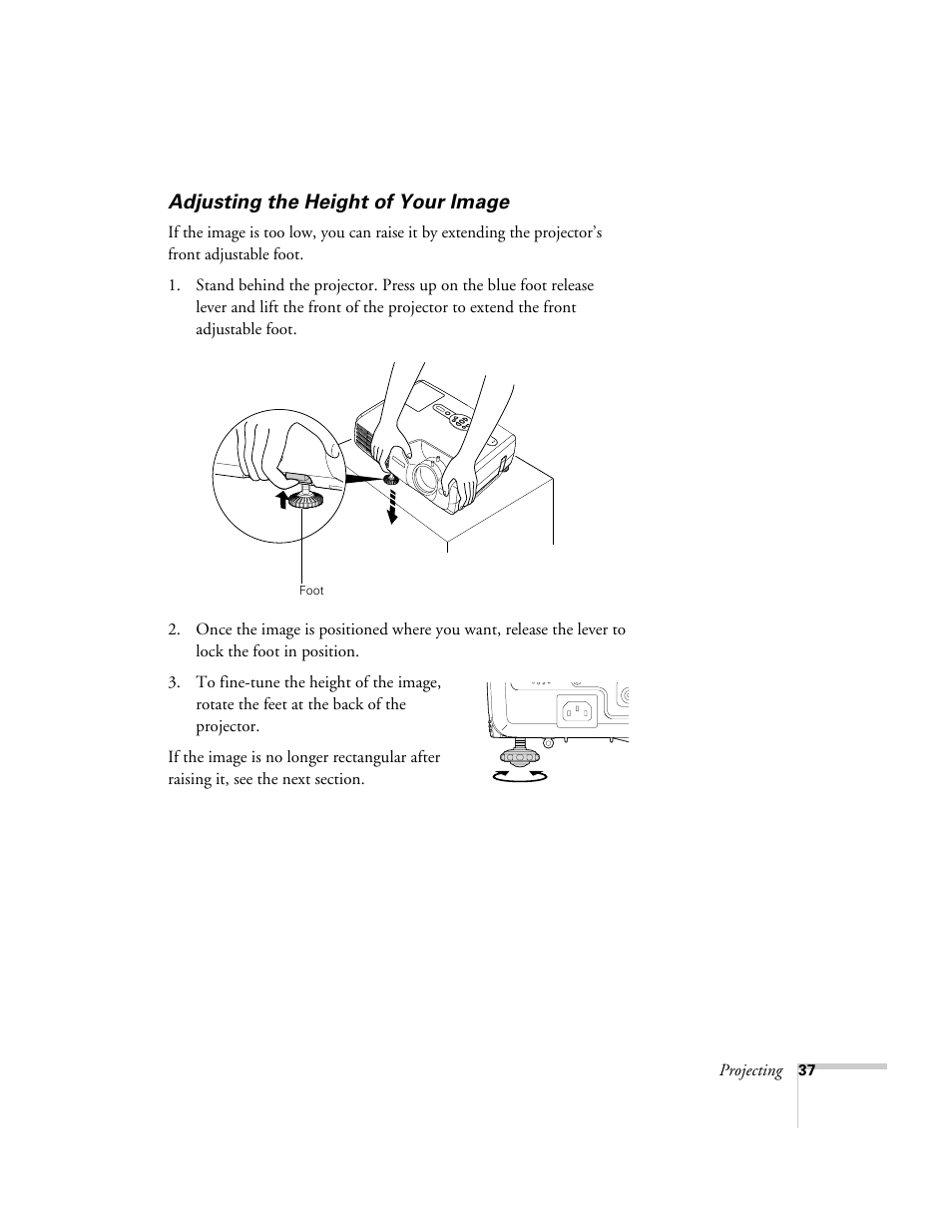 Adjusting the height of your image | Epson 821p User Manual | Page 37 / 112