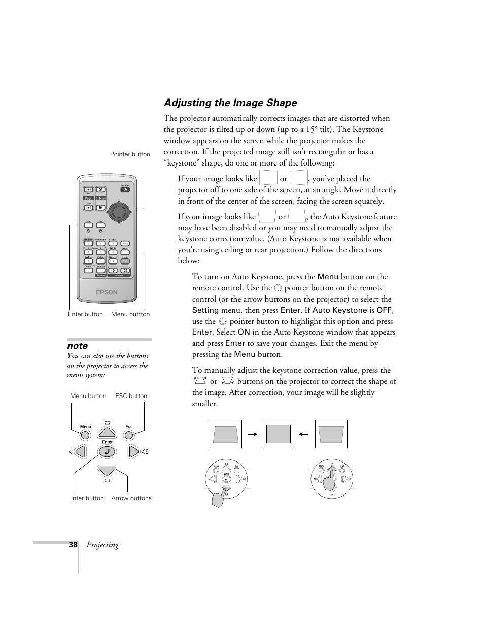 Adjusting the image shape | Epson 821p User Manual | Page 38 / 112