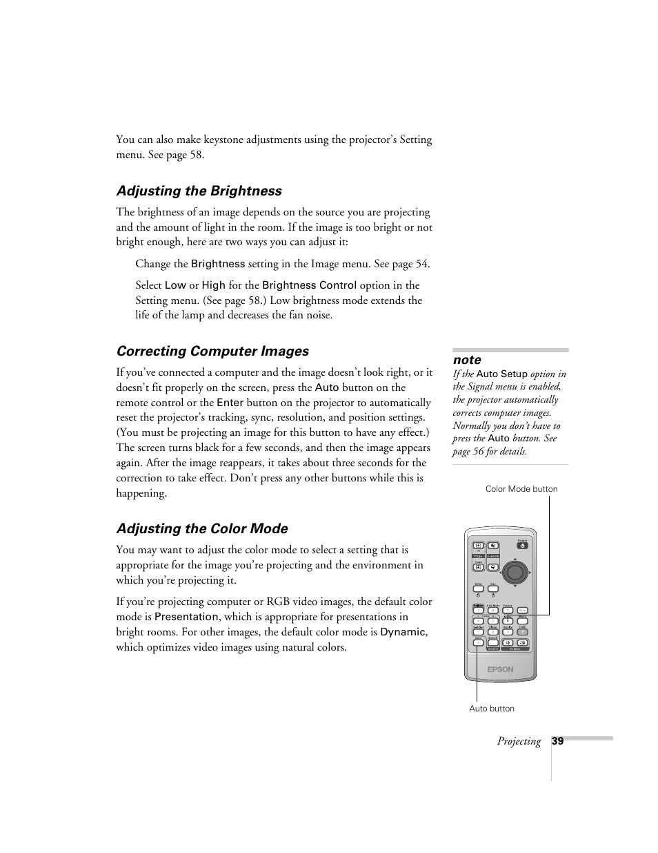 Adjusting the brightness, Correcting computer images, Adjusting the color mode | Epson 821p User Manual | Page 39 / 112