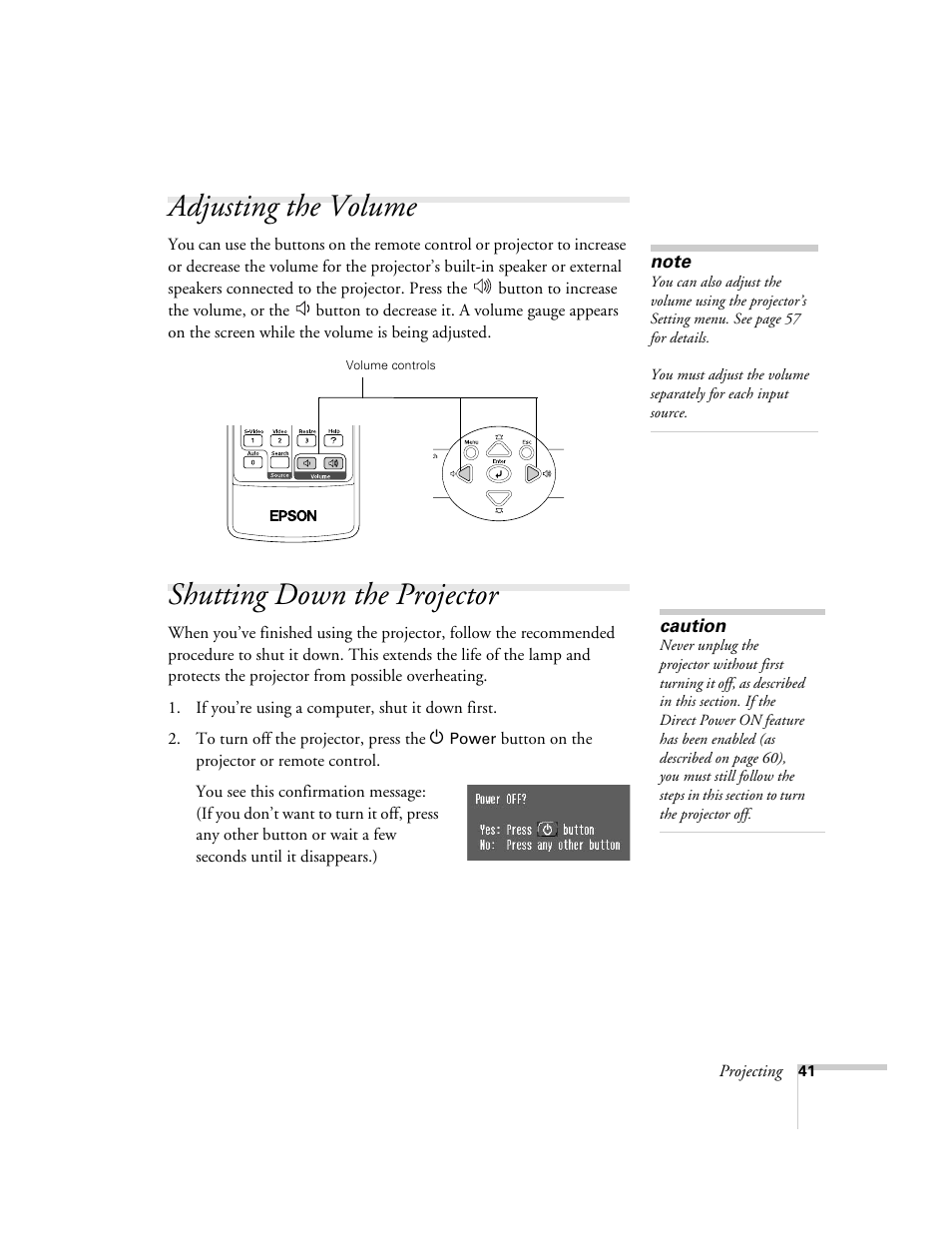 Adjusting the volume, Shutting down the projector, Adjusting the volume shutting down the projector | Epson 821p User Manual | Page 41 / 112