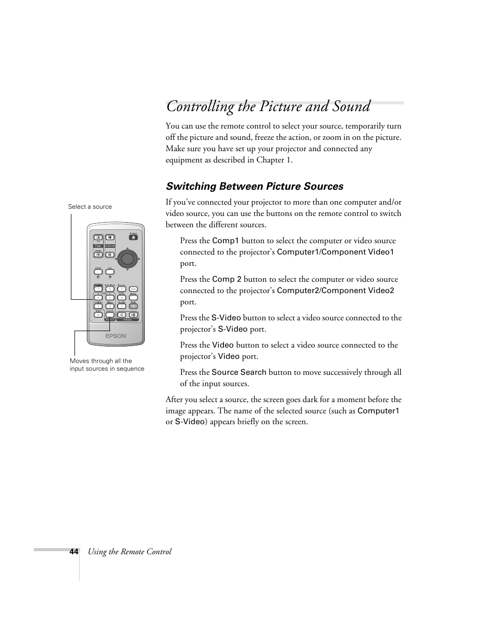 Controlling the picture and sound, Switching between picture sources | Epson 821p User Manual | Page 44 / 112