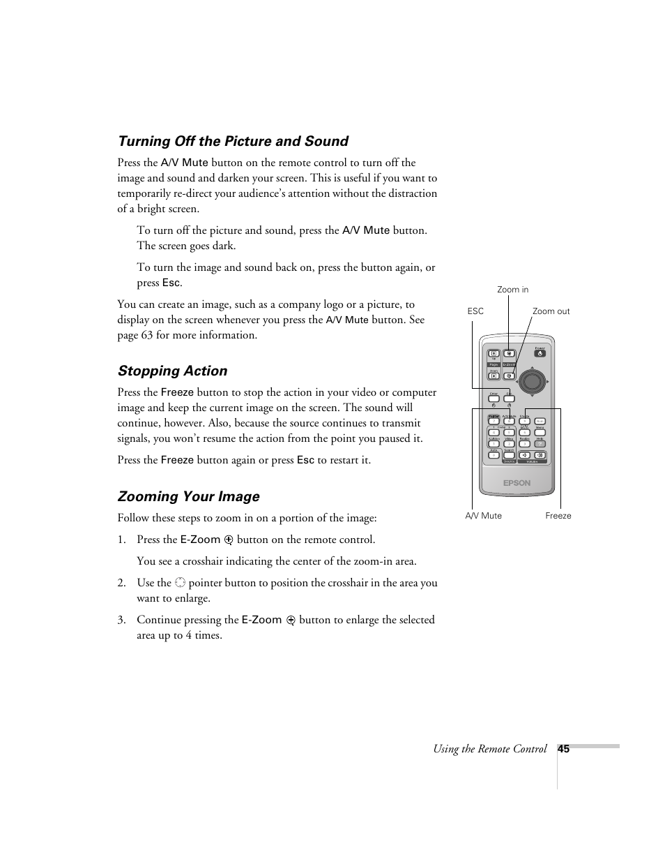 Turning off the picture and sound, Stopping action, Zooming your image | Epson 821p User Manual | Page 45 / 112