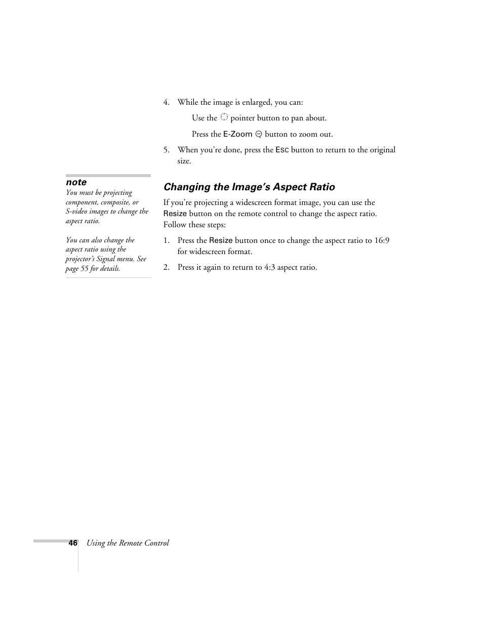 Changing the image’s aspect ratio | Epson 821p User Manual | Page 46 / 112