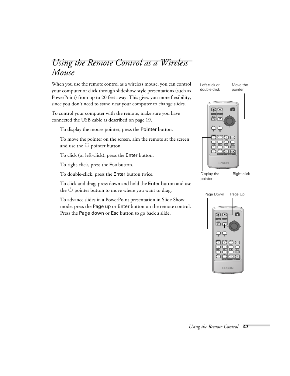 Using the remote control as a wireless mouse | Epson 821p User Manual | Page 47 / 112