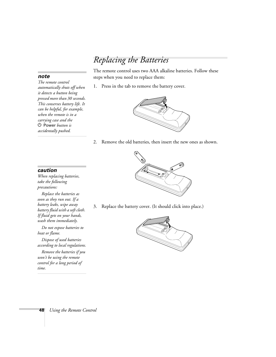 Replacing the batteries | Epson 821p User Manual | Page 48 / 112